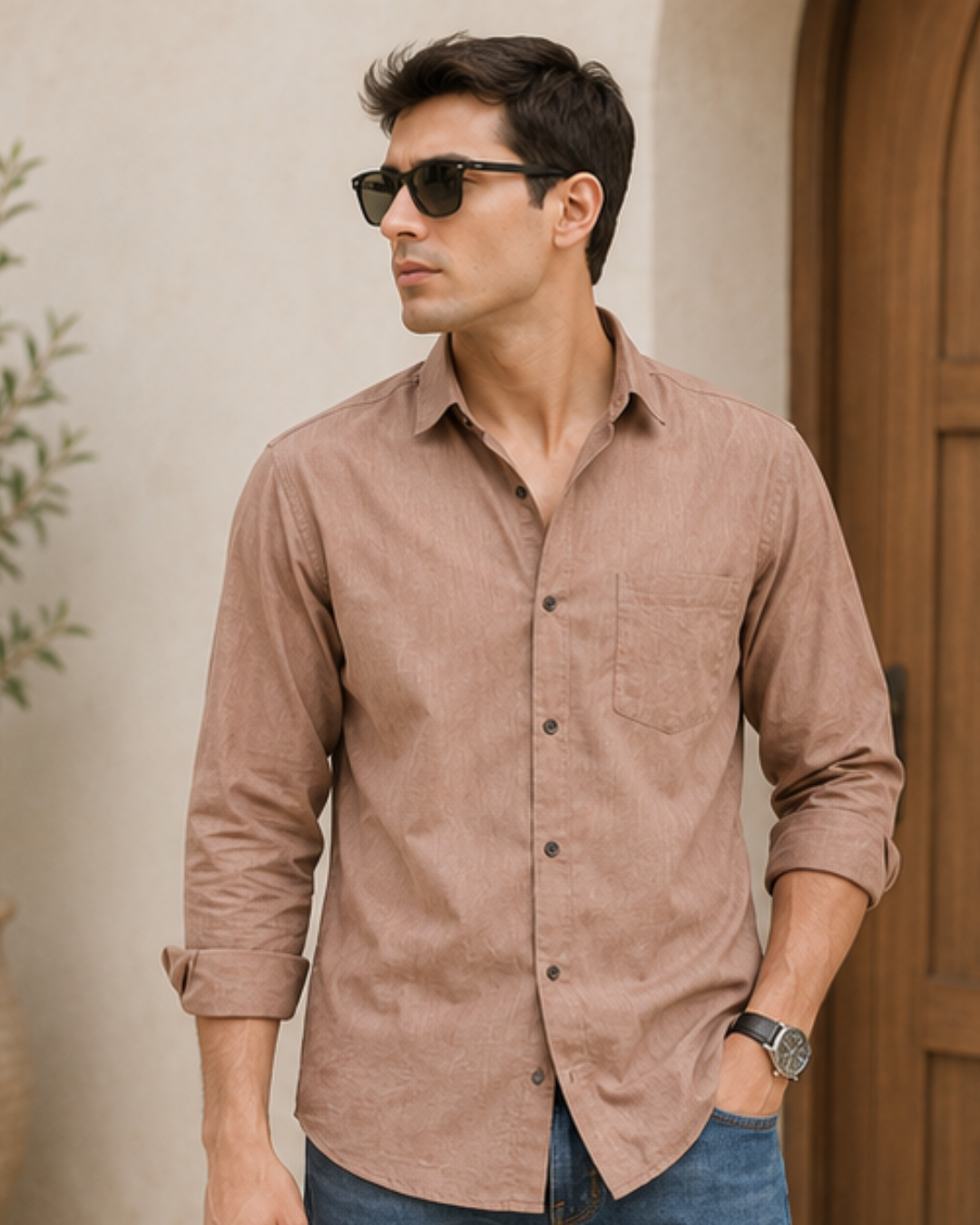 A man wearing a light brown long-sleeve linen button-down shirt with rolled-up sleeves, blue jeans, and black sunglasses, standing in front of a beige stucco wall and a wooden door.