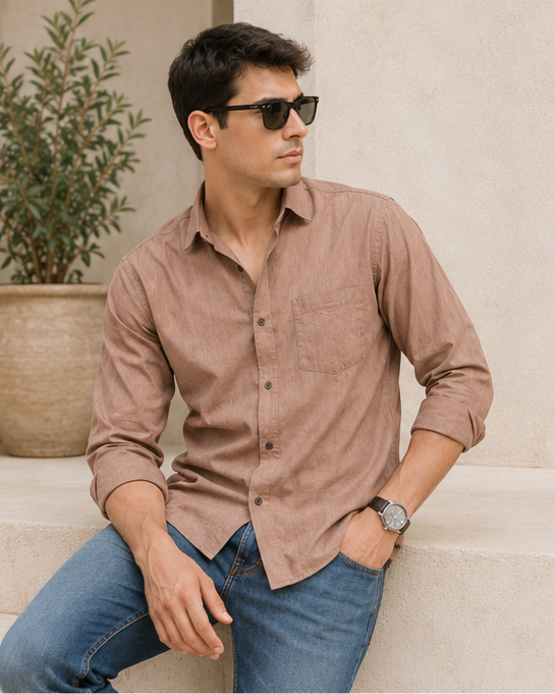 A man wearing a brown long-sleeve linen button-down shirt and blue jeans, sitting on a stone ledge next to a potted plant.