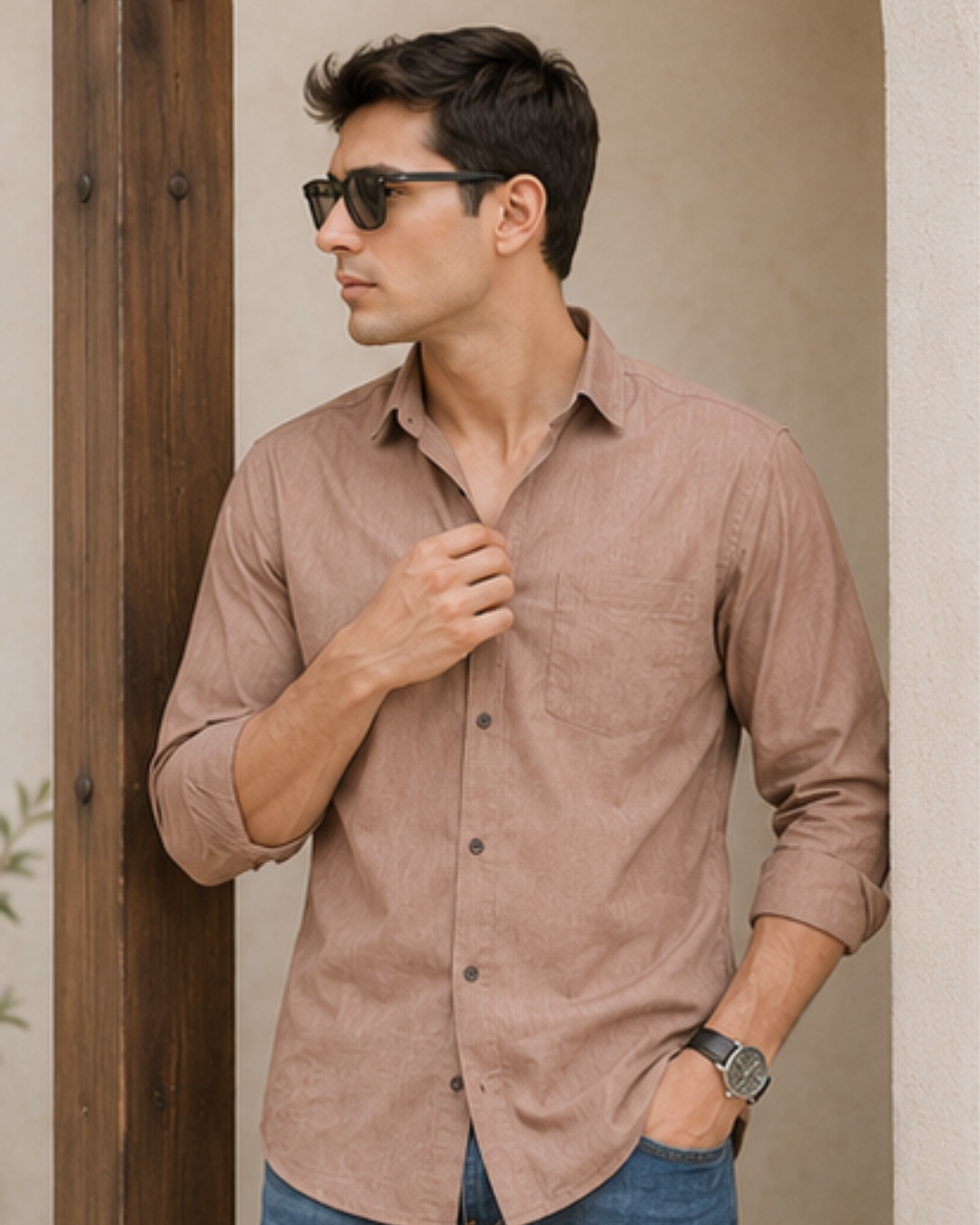 A man wearing a light brown long-sleeve button-down shirt and dark sunglasses, posing next to a rustic wooden post.