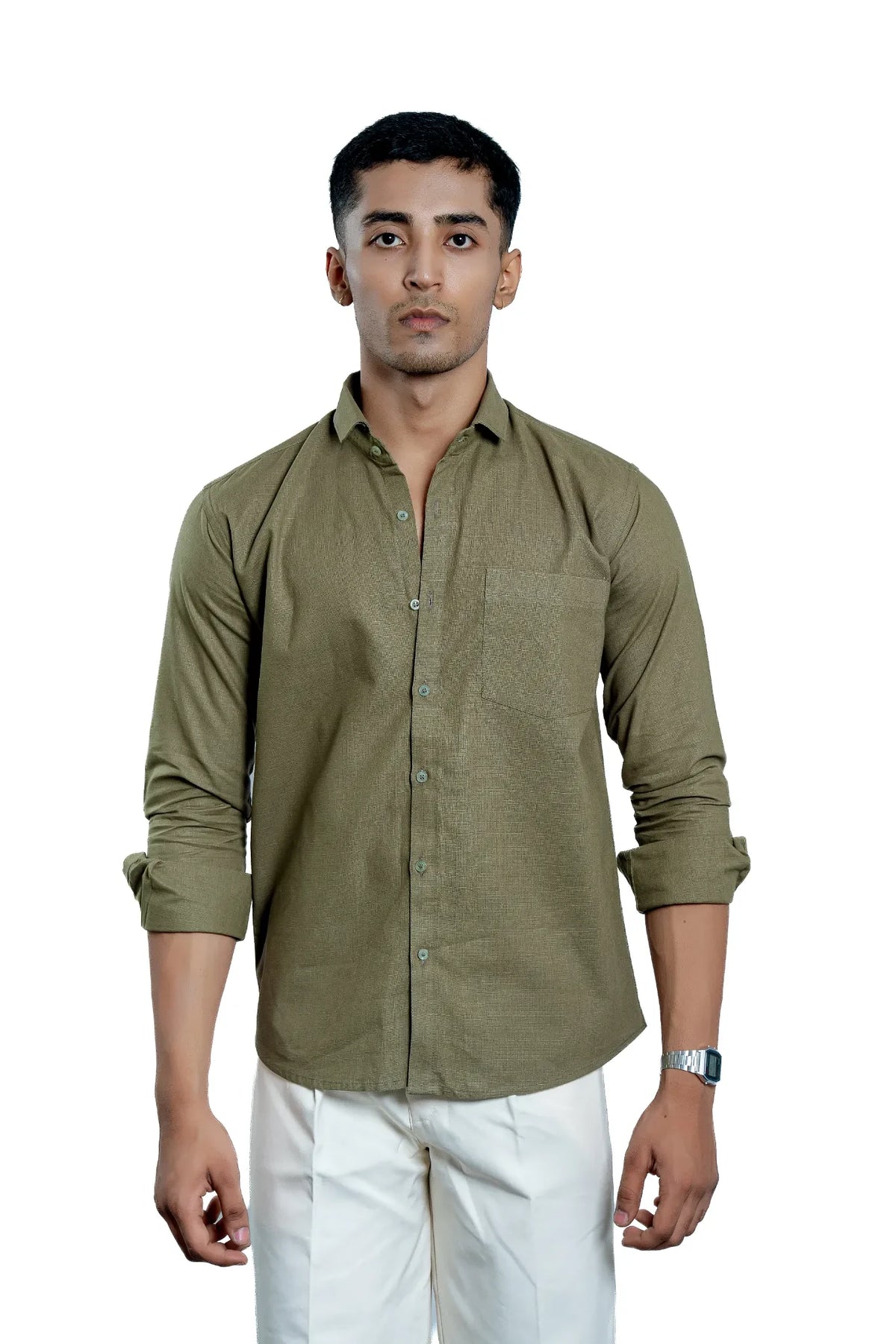 Men's Olive Green Pure Cotton Textured Casual Shirt