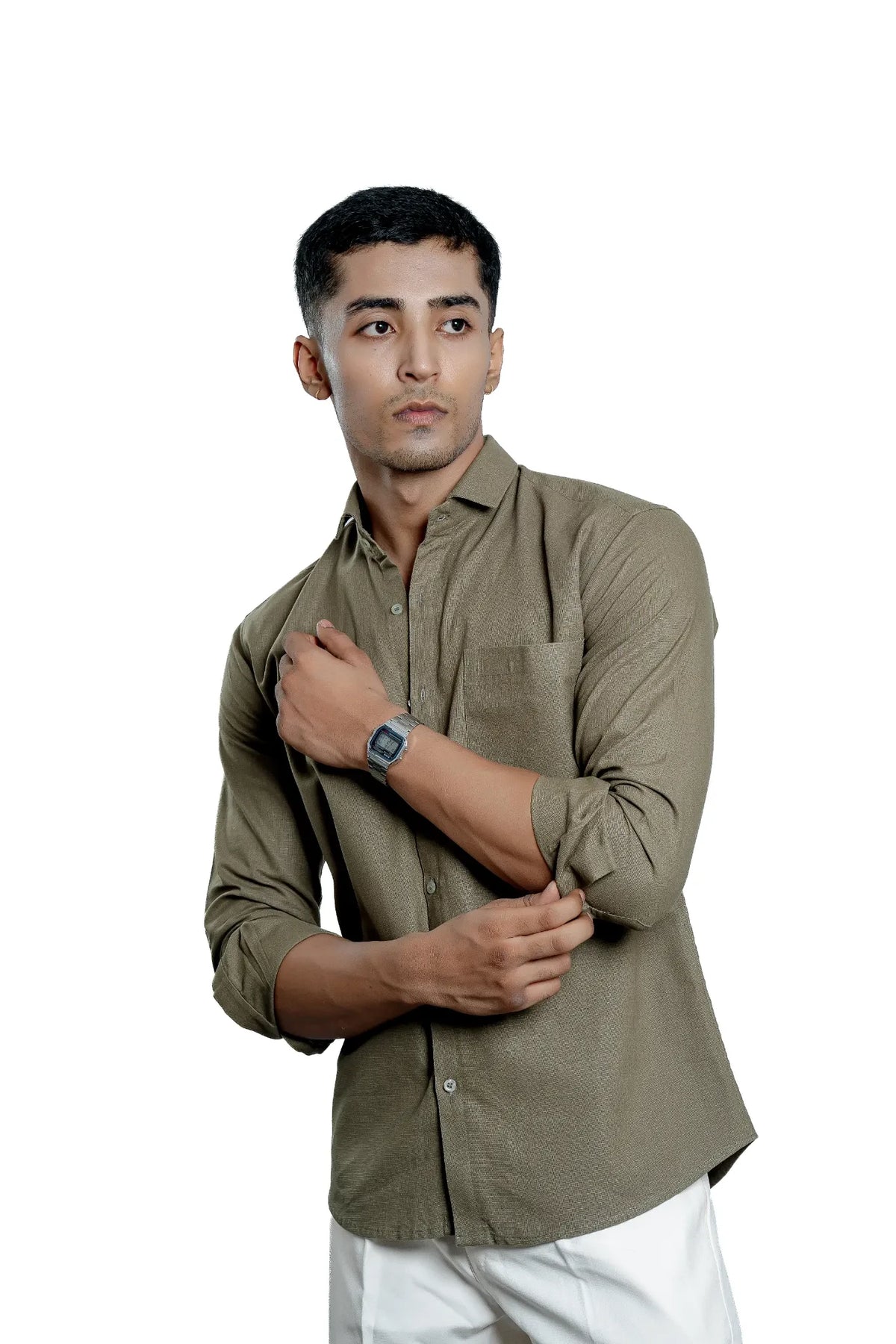 Men's Olive Green Pure Cotton Textured Casual Shirt