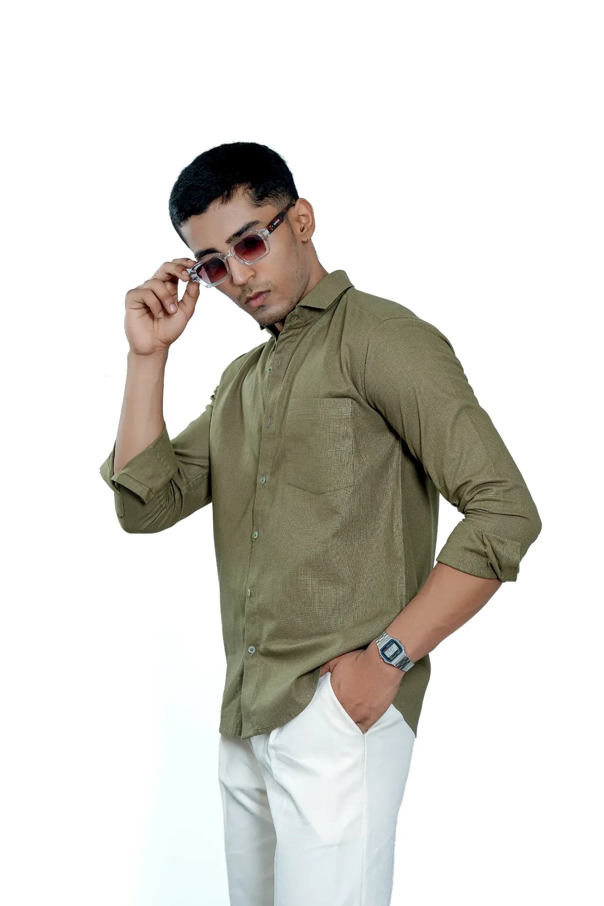 Men's Olive Green Pure Cotton Textured Casual Shirt