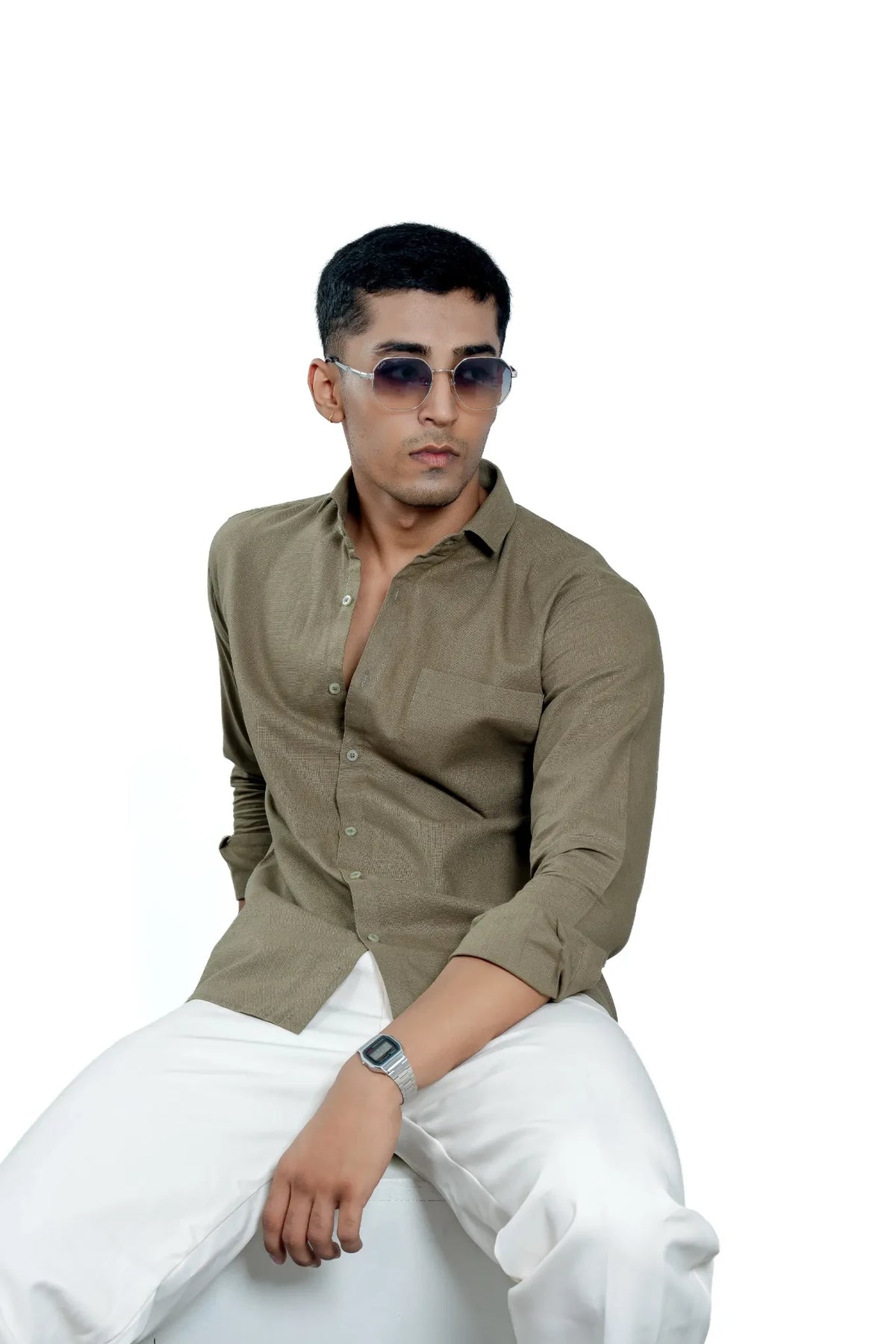 Men's Olive Green Pure Cotton Textured Casual Shirt