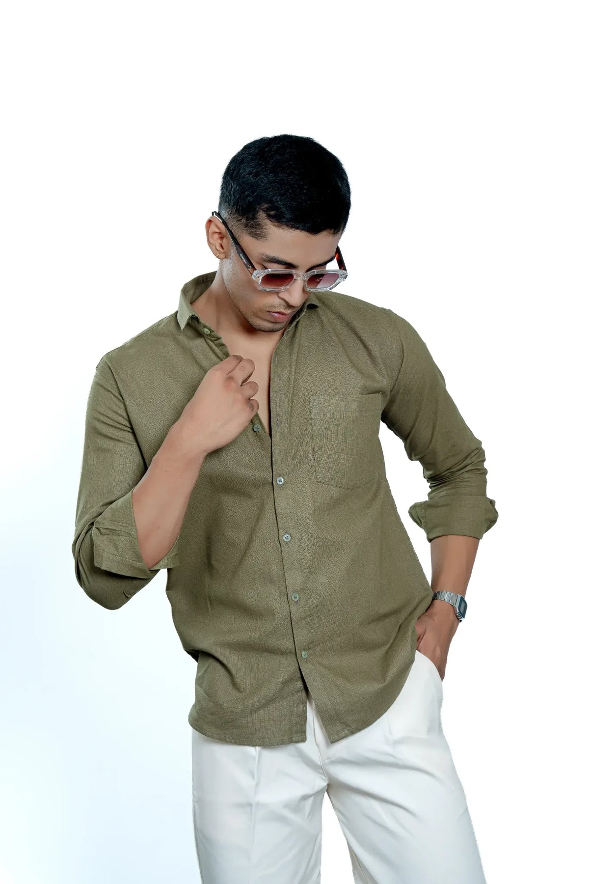 Men's Olive Green Pure Cotton Textured Casual Shirt