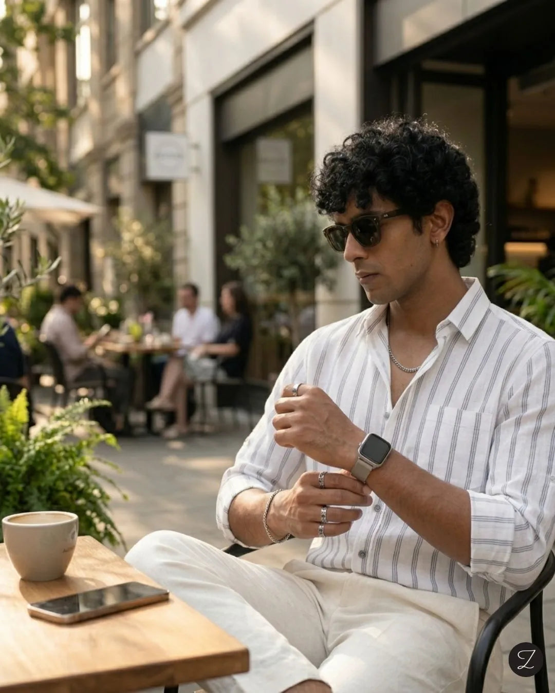 A man wearing a white long-sleeve button-up shirt with thin vertical gray stripes, white trousers, and sunglasses sits at an outdoor cafe table with a coffee cup and a smartphone.