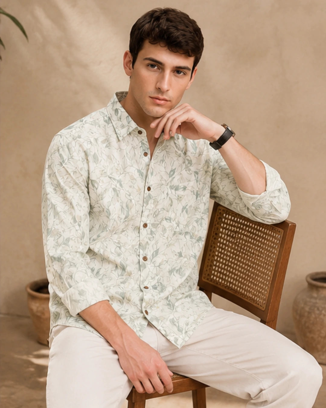 A man wearing a light beige long-sleeve button-up shirt with a green leaf pattern and beige trousers, sitting on a wooden cane-back chair against a textured beige wall.