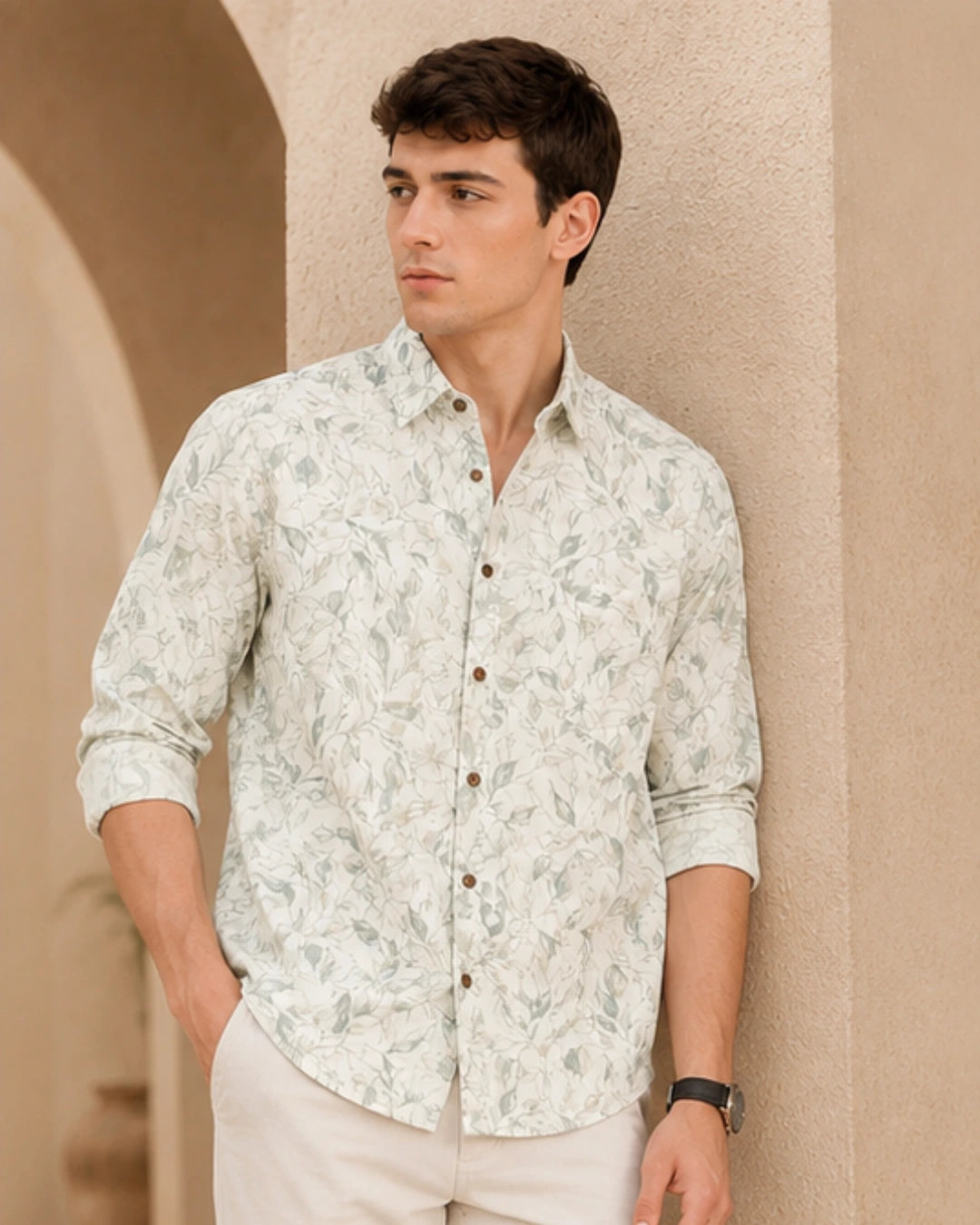 A man wearing a light beige and white long-sleeve button-down shirt with a subtle green leaf pattern, standing against a textured beige stucco wall.