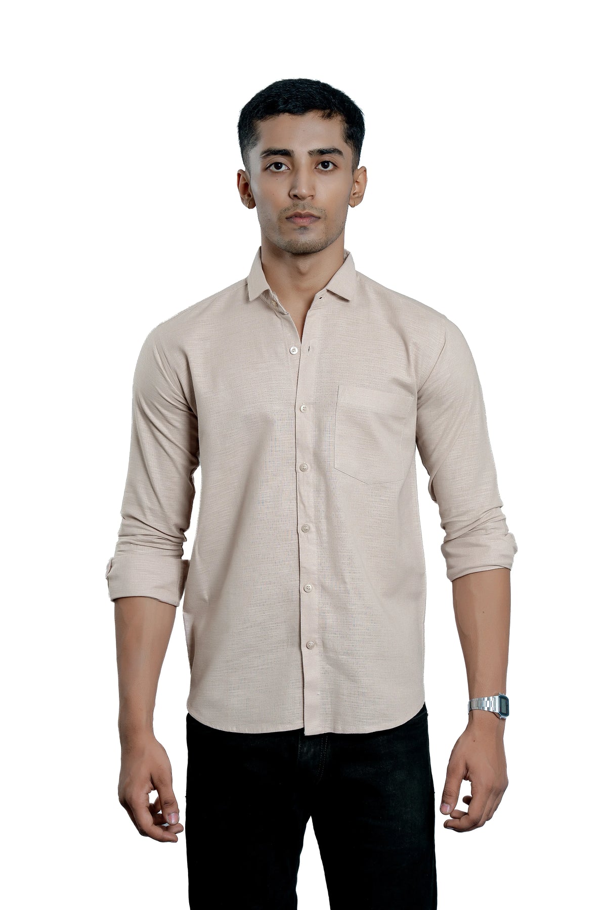 Men's Beige Pure Cotton Textured Casual Shirt
