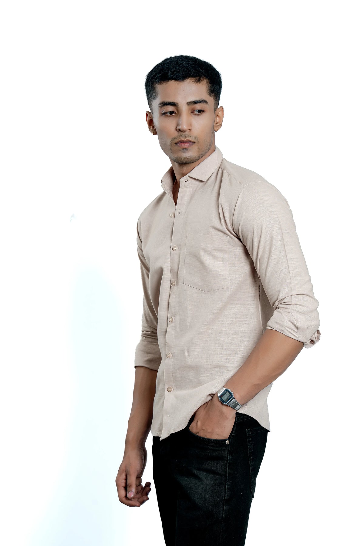 Men's Beige Pure Cotton Textured Casual Shirt