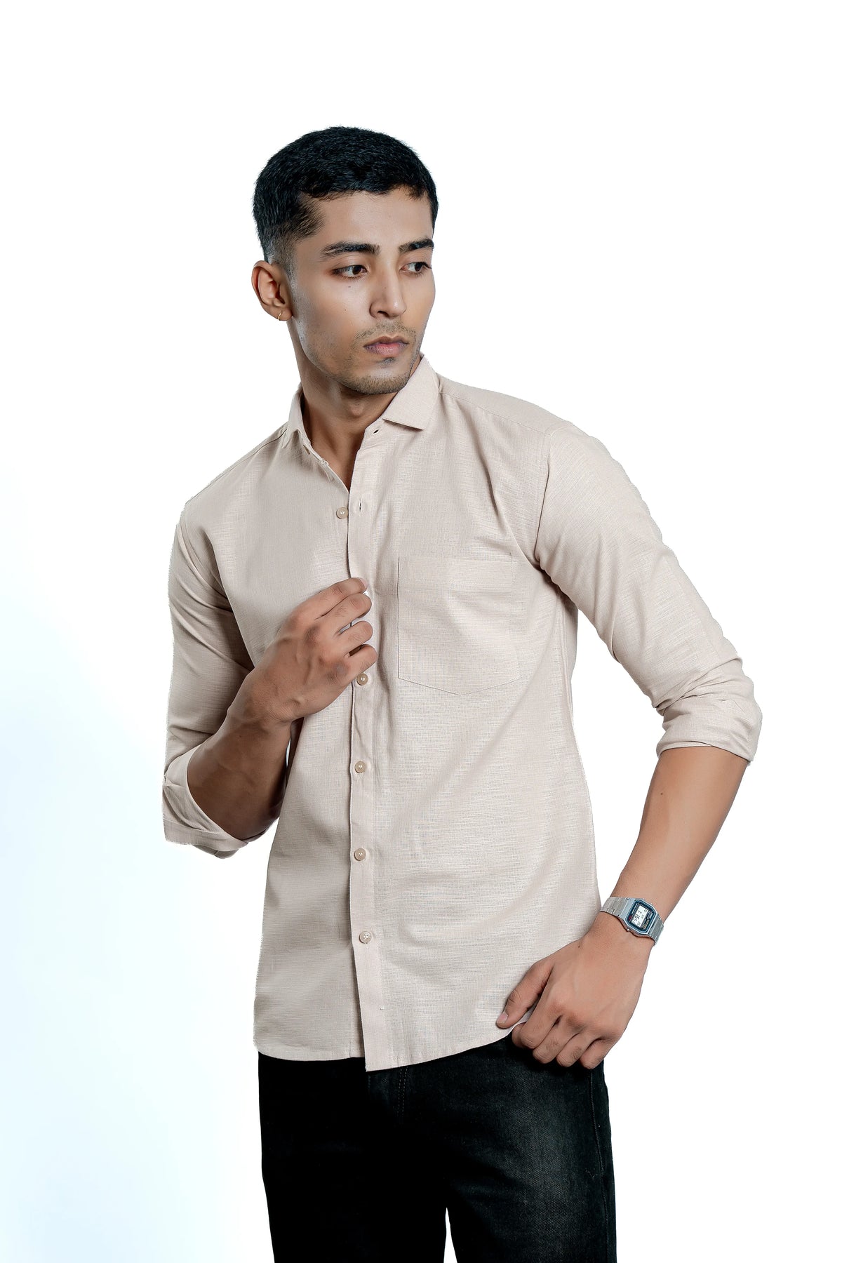 Men's Beige Pure Cotton Textured Casual Shirt