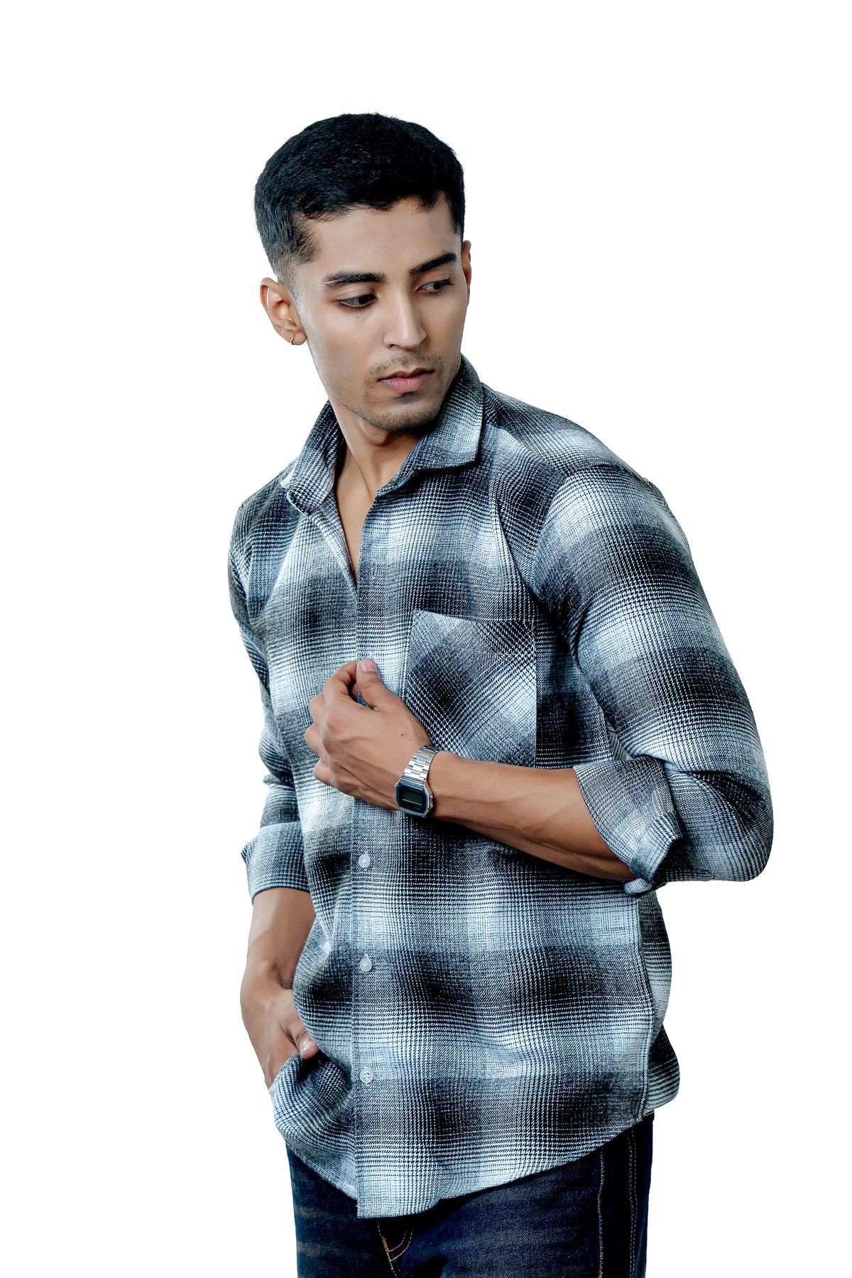 Men's Heavyweight Winter Flannel Blue Checkered Casual Shirt