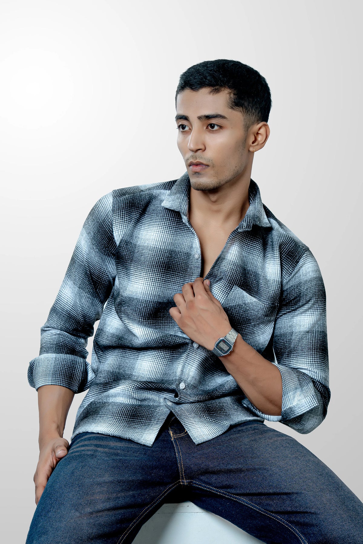 Men's Heavyweight Winter Flannel Blue Checkered Casual Shirt
