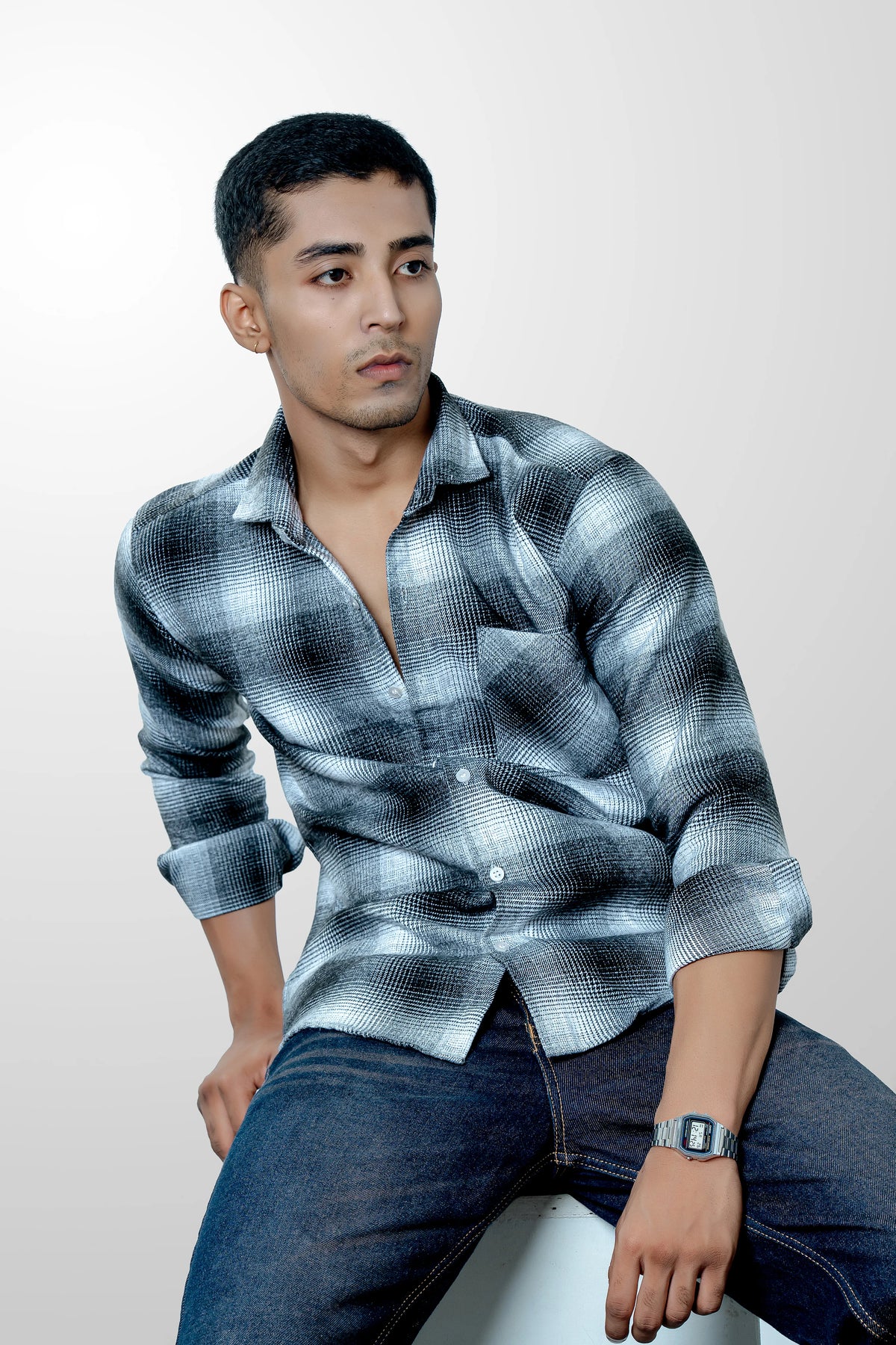 Men's Heavyweight Winter Flannel Blue Checkered Casual Shirt
