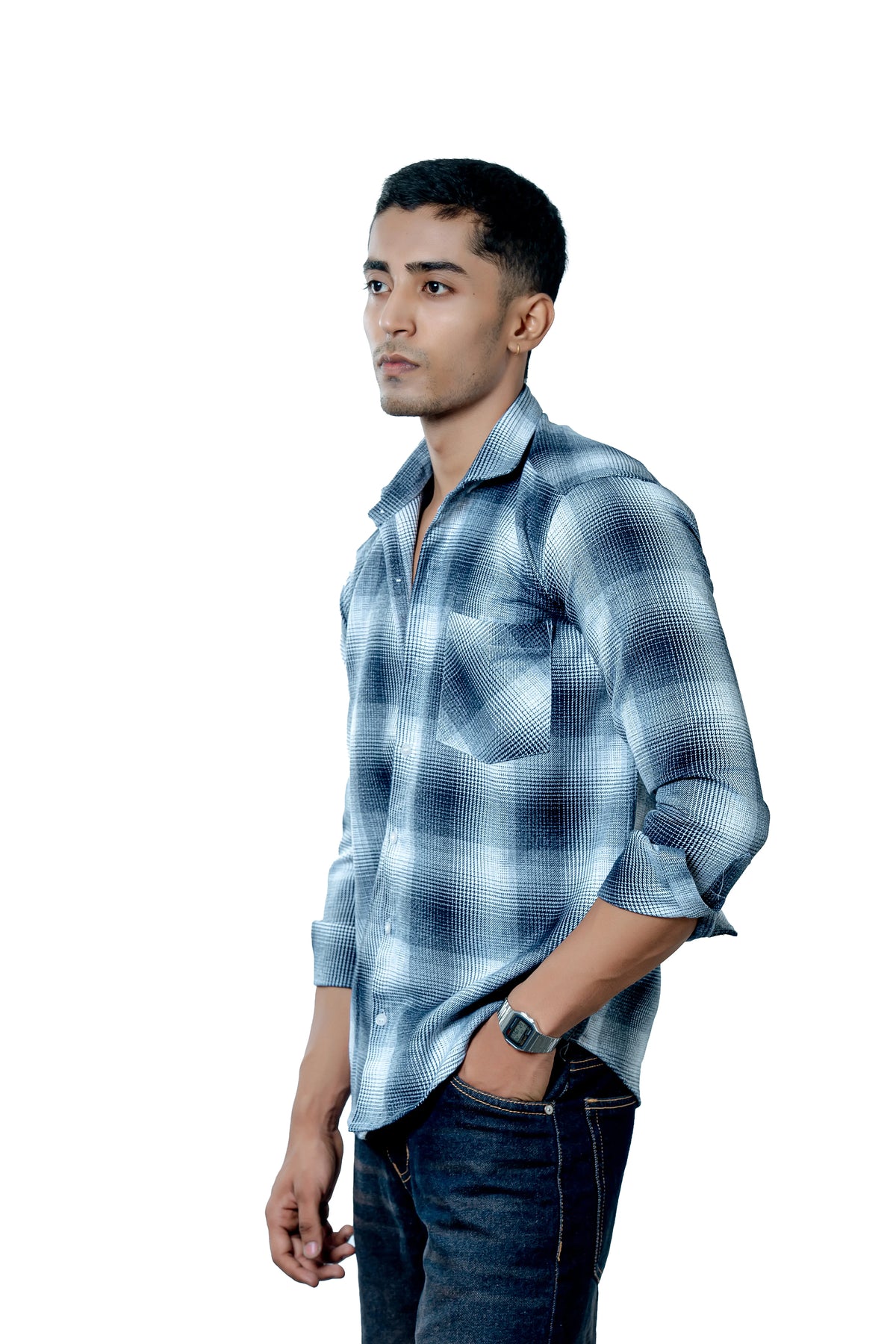 Men's Heavyweight Winter Flannel Blue Checkered Casual Shirt
