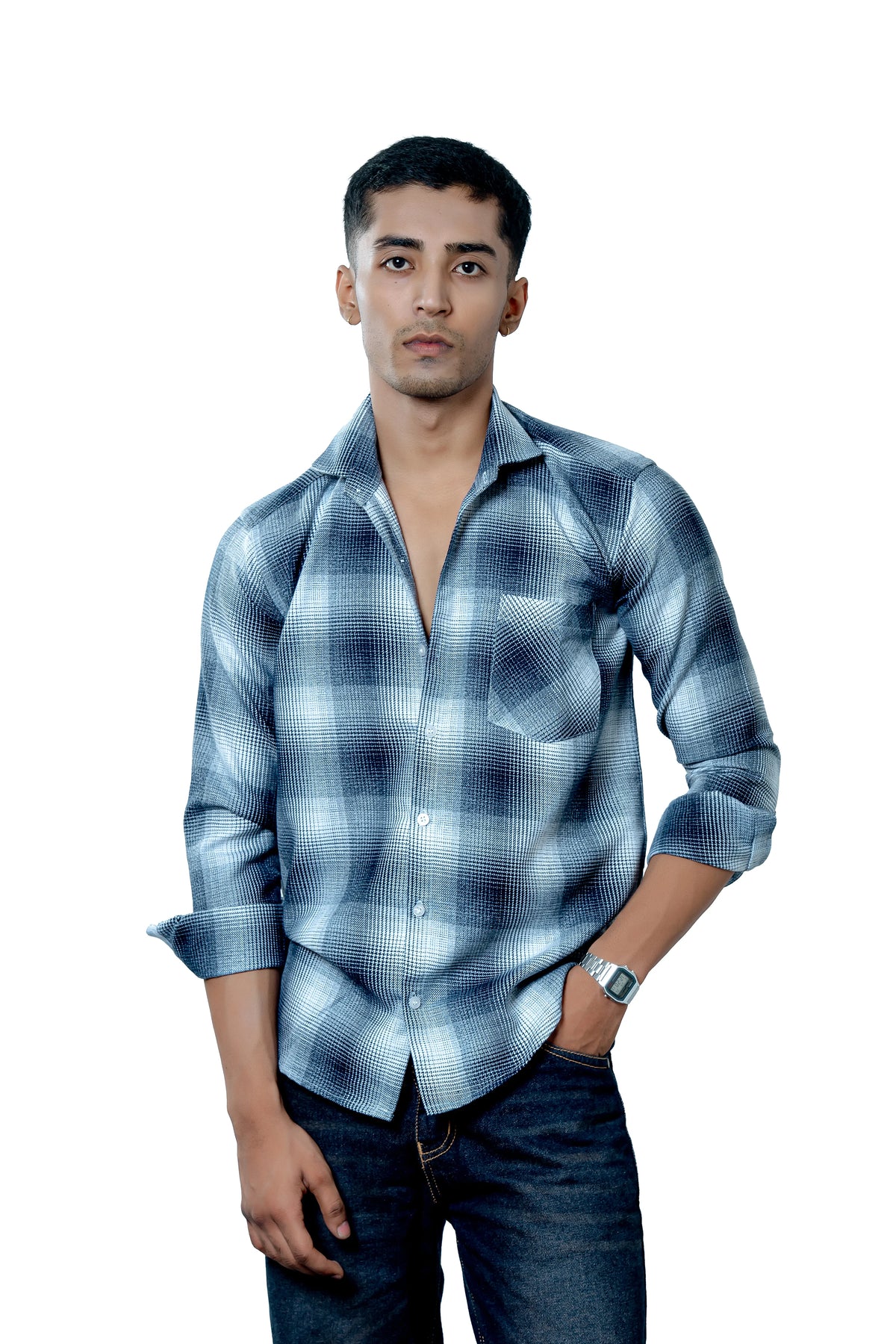 Men's Heavyweight Winter Flannel Blue Checkered Casual Shirt