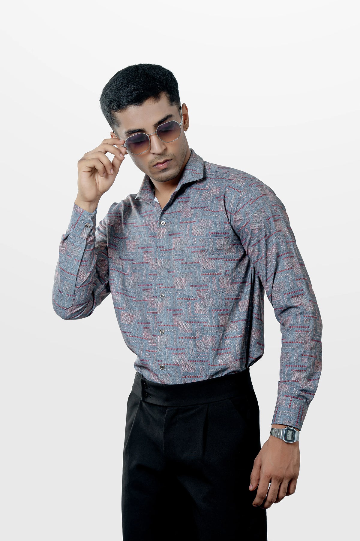 Men's Grey Abstract Printed Lycra Stretchable Casual Shirt