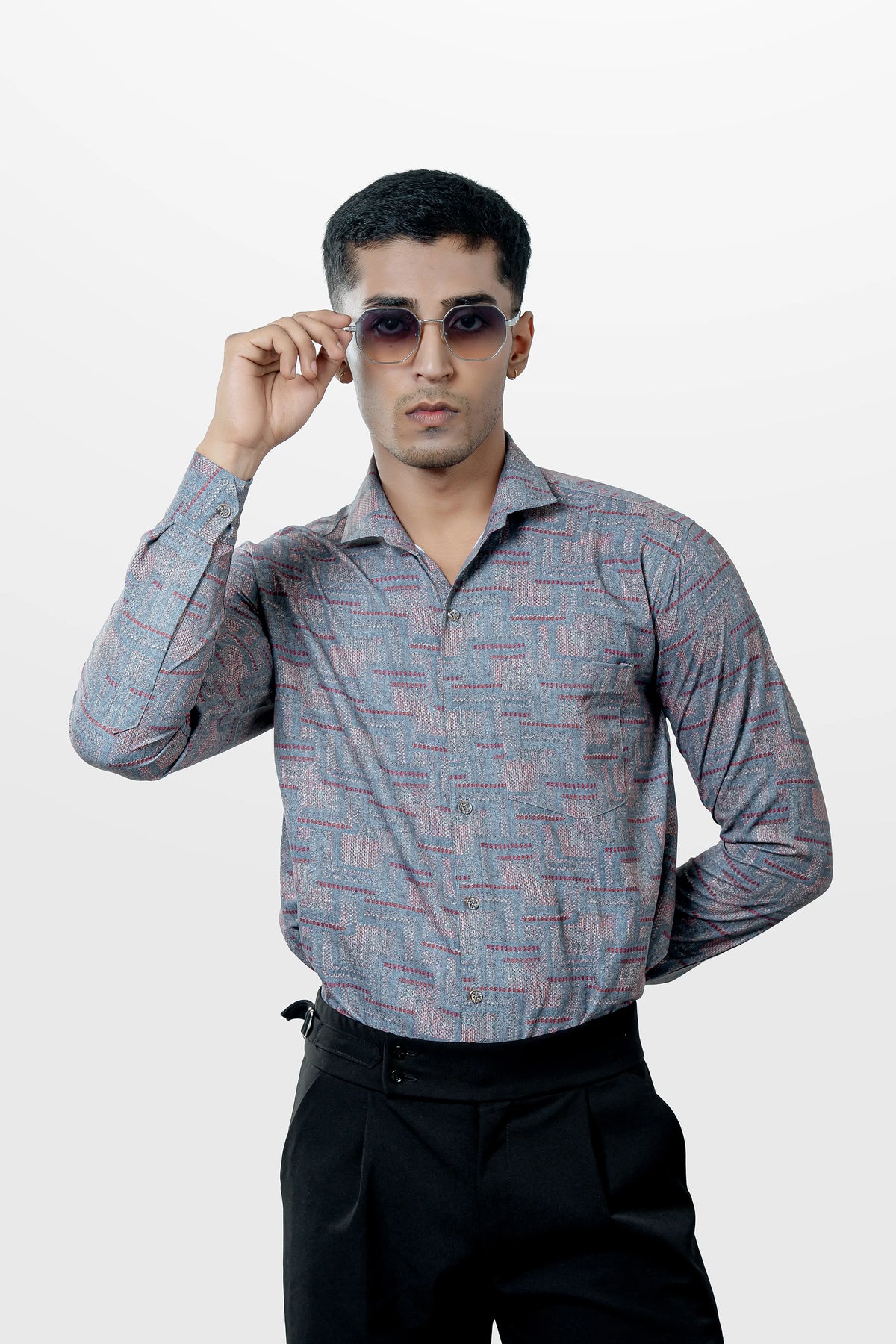 Men's Grey Abstract Printed Lycra Stretchable Casual Shirt