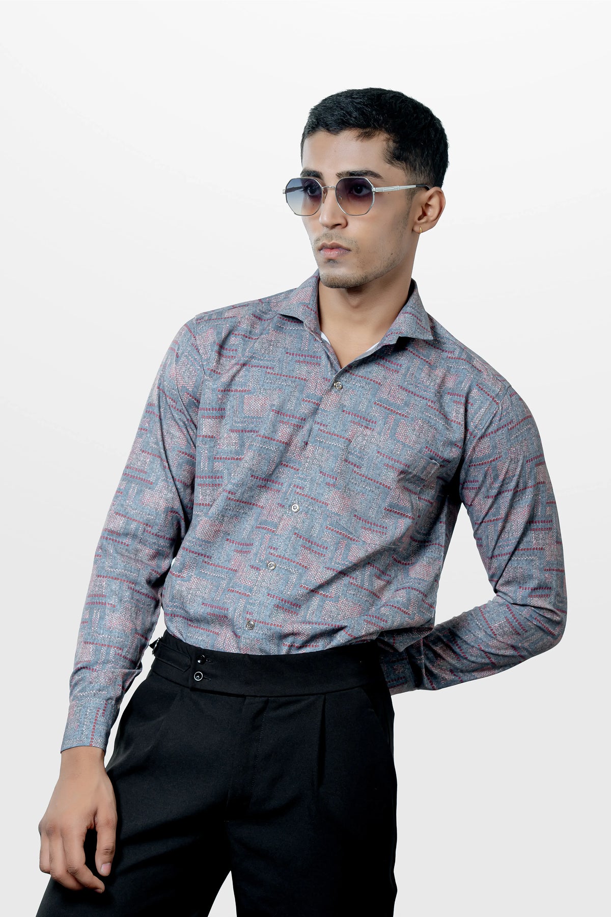 Men's Grey Abstract Printed Lycra Stretchable Casual Shirt