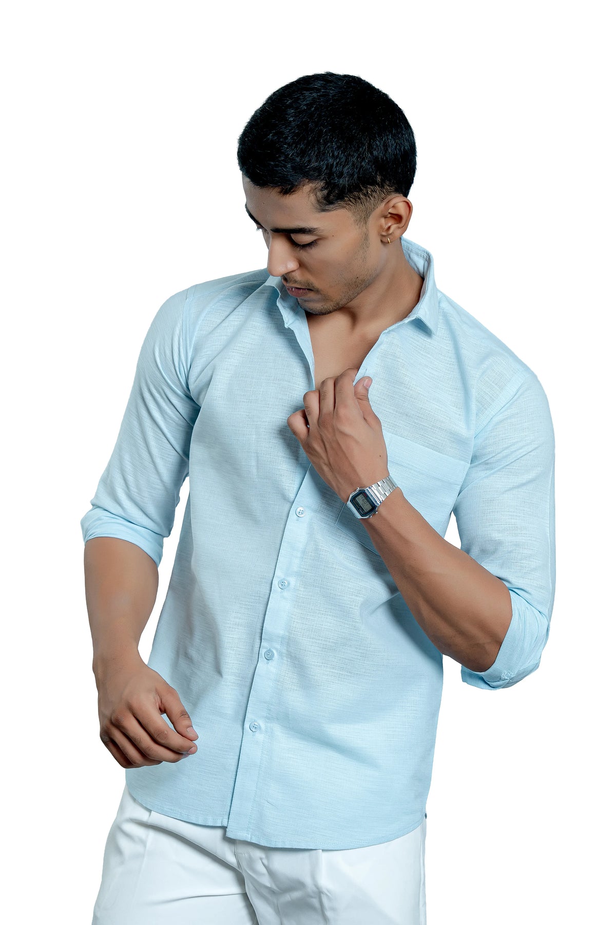 Men's Sky Blue Pure Cotton Textured Casual Shirt