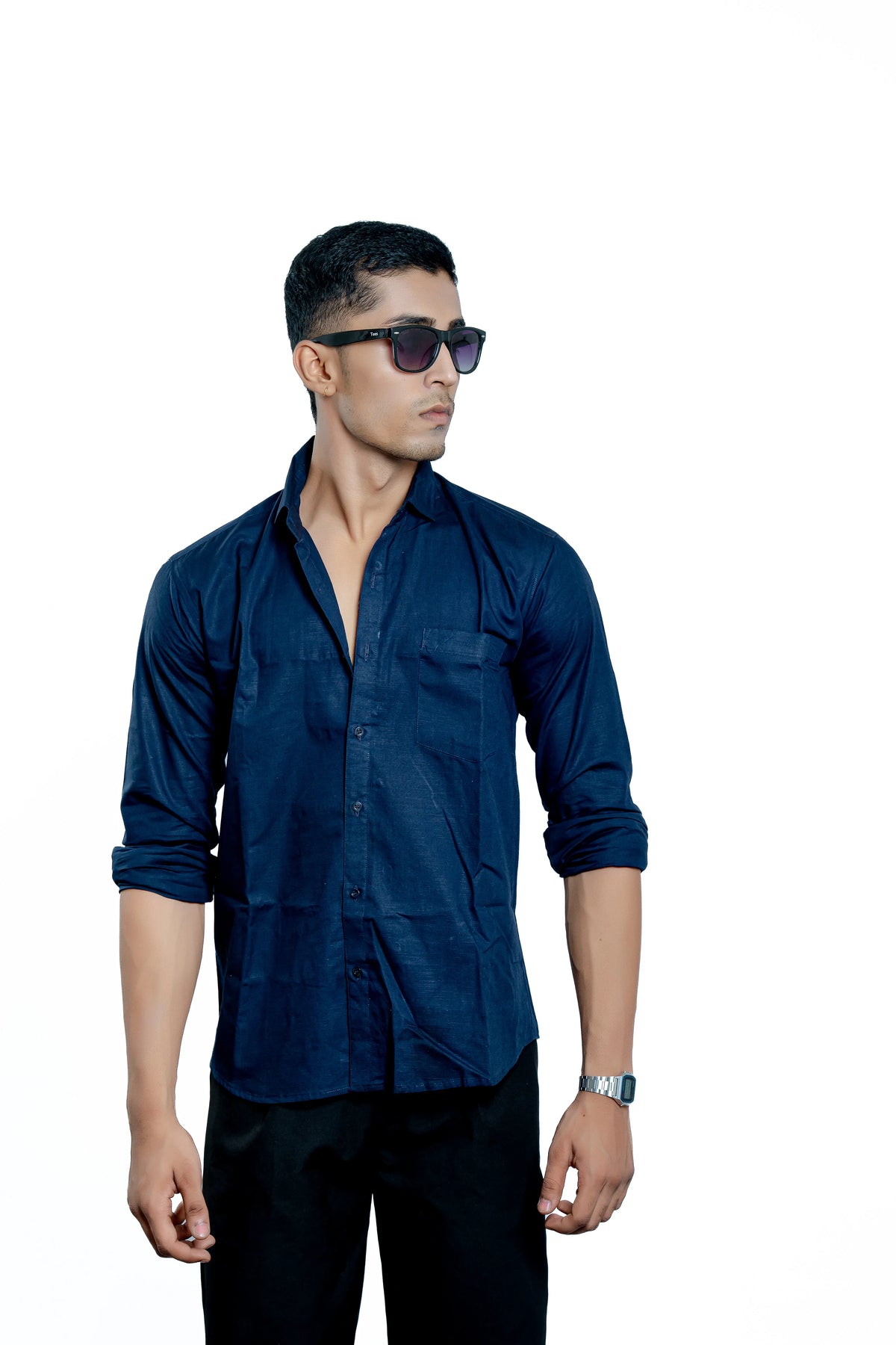Men's Navy Blue Linen Blend Casual Shirt