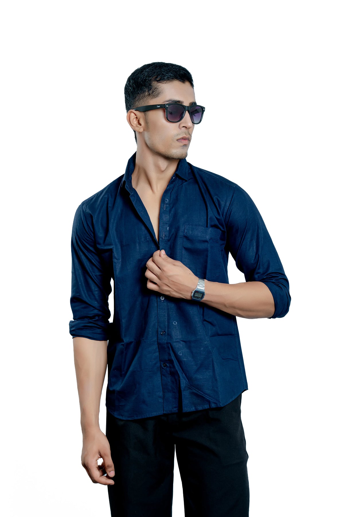 Men's Navy Blue Linen Blend Casual Shirt