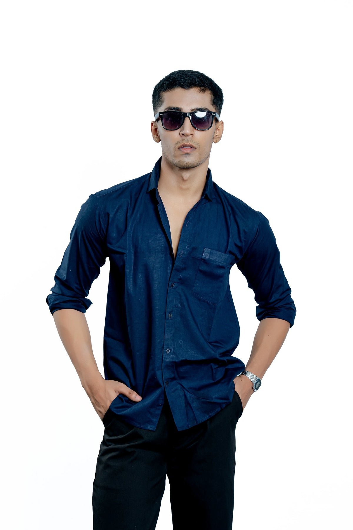 Men's Navy Blue Linen Blend Casual Shirt