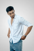 Men's White Linen Cropped Casual Shirt