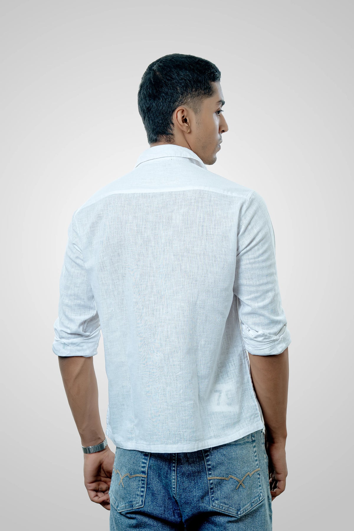 Men's White Linen Cropped Casual Shirt