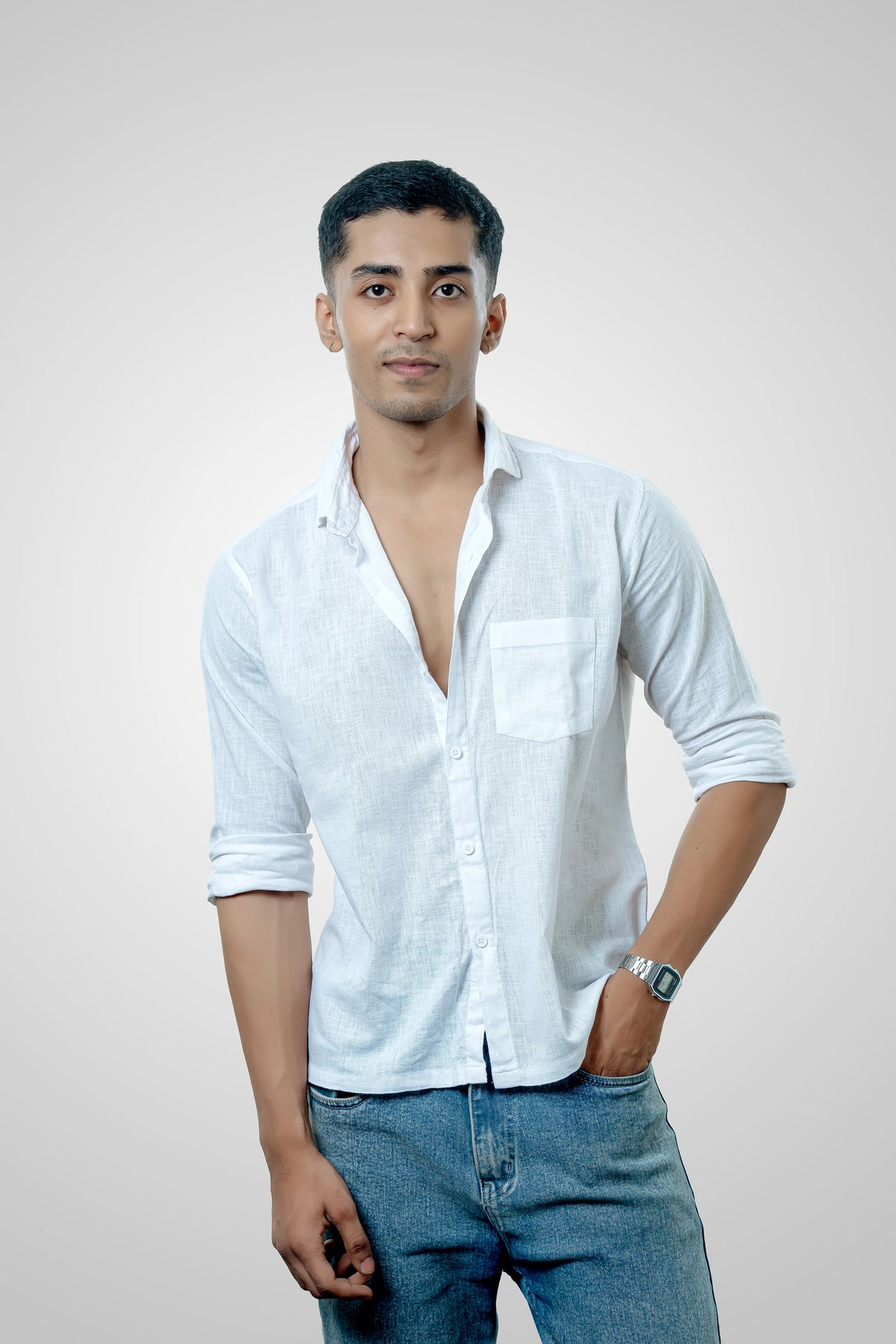 Men's White Linen Cropped Casual Shirt