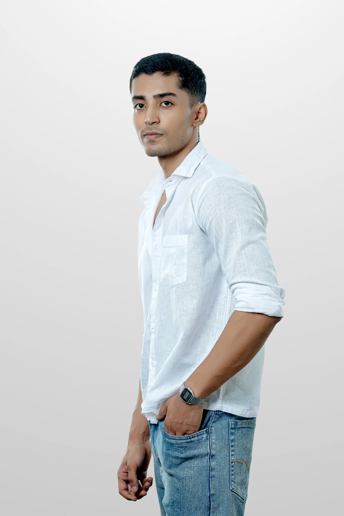 Men's White Linen Cropped Casual Shirt