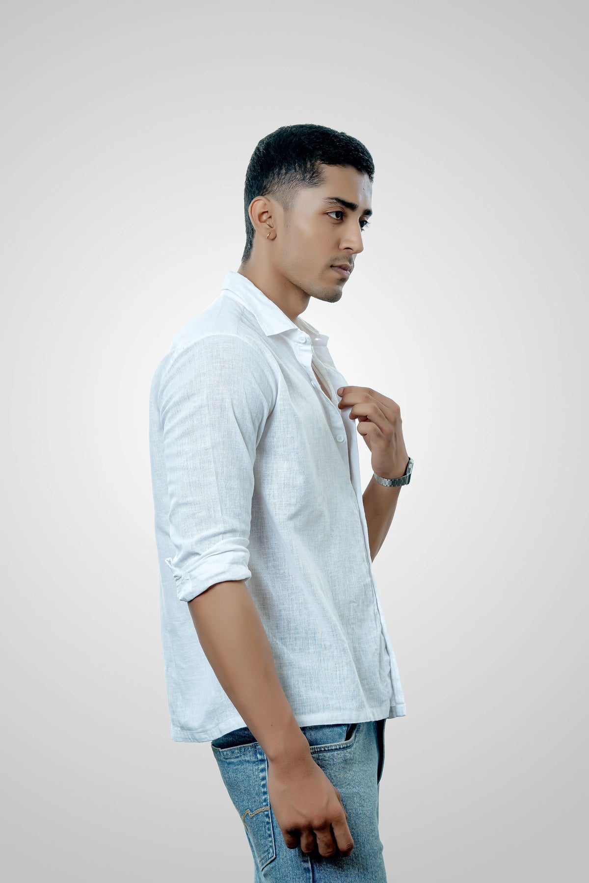 Men's White Linen Cropped Casual Shirt