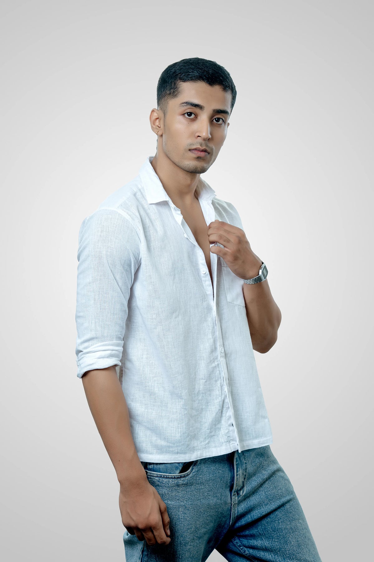 Men's Classic White Linen Blend Casual Shirt