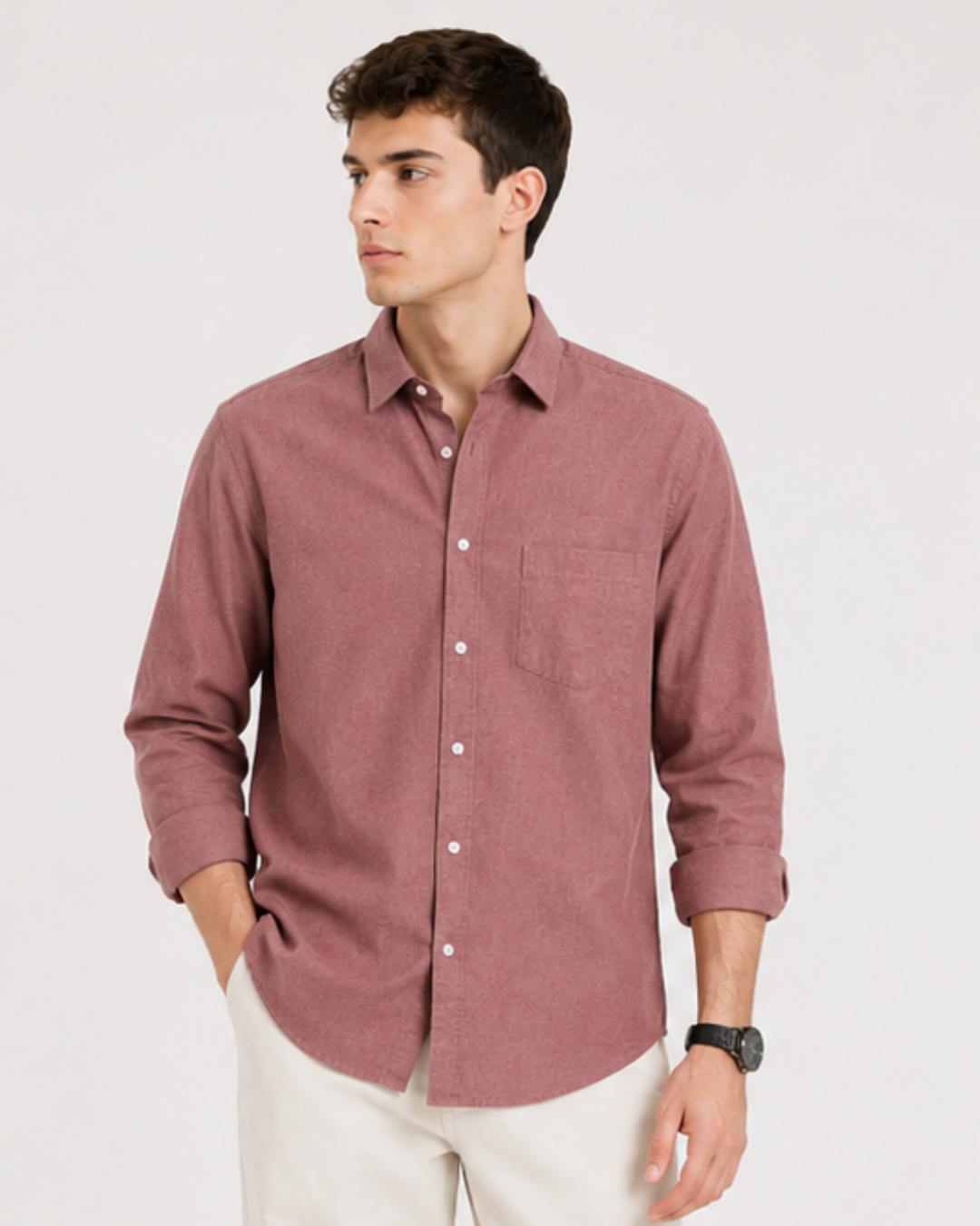 Pink Leaf Print Linen-Cotton Blend Shirt