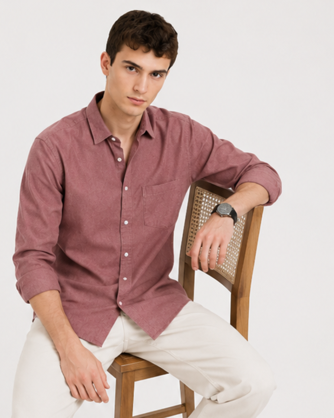 Pink Leaf Print Linen-Cotton Blend Shirt