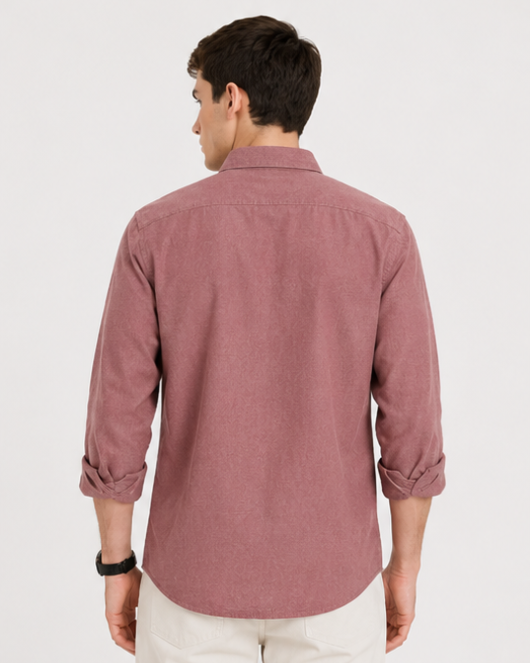 Pink Leaf Print Linen-Cotton Blend Shirt