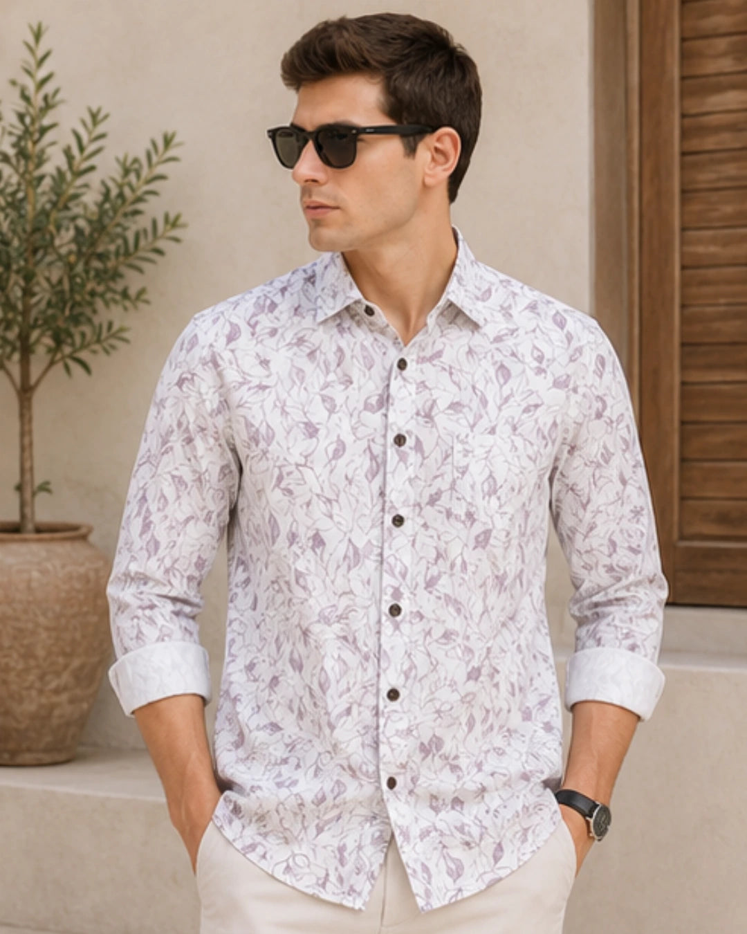 A man wearing a white long-sleeve button-up shirt with a pink floral pattern, paired with beige trousers and black sunglasses, standing in a warm-toned outdoor setting.