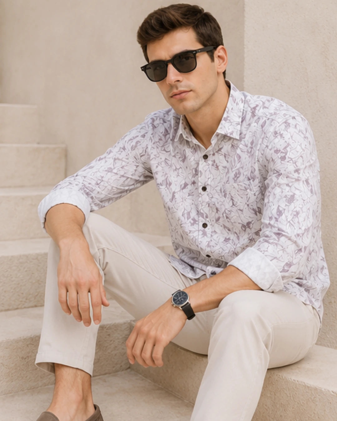 A man wearing a light-colored, long-sleeve button-down shirt with a pink floral pattern, paired with beige trousers, black sunglasses, and a black watch, sitting on stone steps.