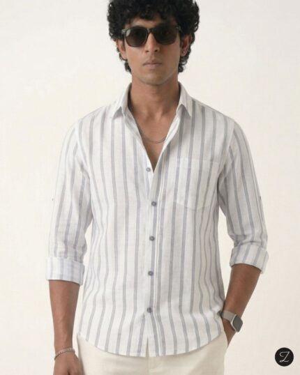 White Linen Blend Vertical Stripe Shirt